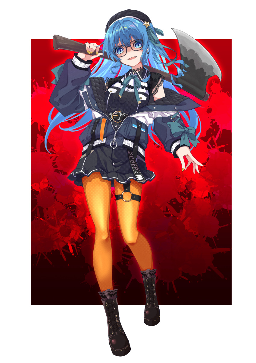 1girl absurdres axe bangs black_footwear black_headwear black_shirt black_skirt blue_bow blue_eyes blue_hair blue_jacket blue_ribbon boots bow bow_earrings earrings eyebrows_visible_through_hair full_body hair_ribbon hat highres hiyashinssu holding holding_axe hololive hoshimachi_suisei jacket jewelry long_hair neck_ribbon open_mouth orange_legwear pantyhose partially_unzipped ribbon shaded_face shirt skirt smile solo star_(symbol) star_in_eye symbol_in_eye thigh-highs thigh_strap virtual_youtuber yellow_nails