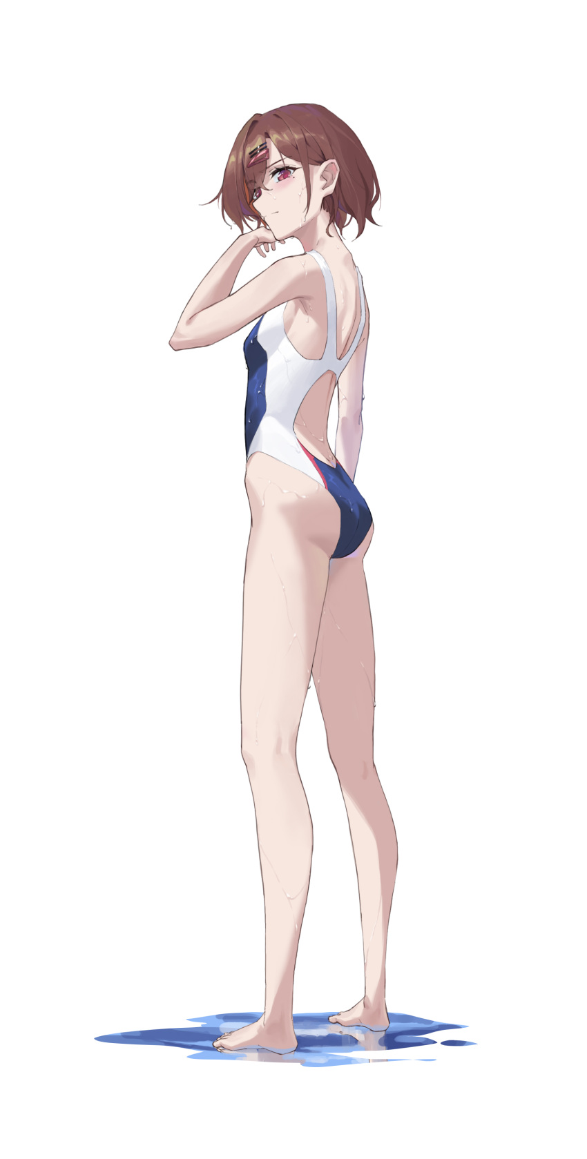 1girl absurdres bangs brown_hair hair_ornament hairpin highres higuchi_madoka idolmaster idolmaster_shiny_colors limi26 long_hair looking_at_viewer medium_hair one-piece_swimsuit red_eyes simple_background solo standing swimsuit white_background