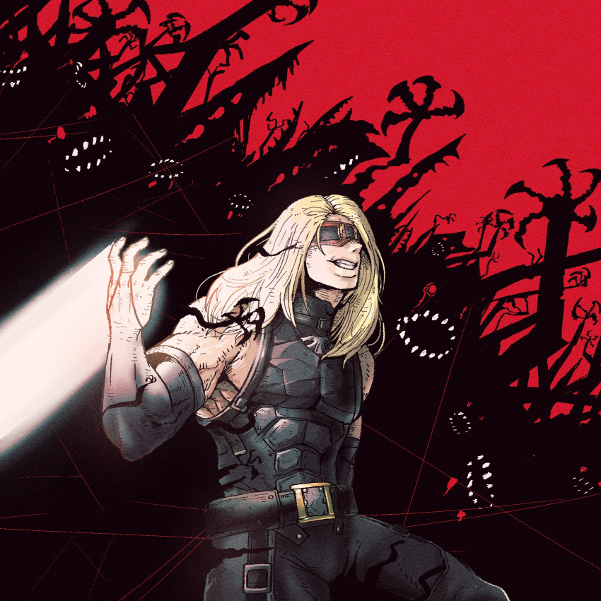 attack belt biceps black_gloves black_pants black_shirt blindfold blonde_hair clenched_teeth commentary cowboy_shot elbow_gloves gloves glowing guilty_gear guilty_gear_strive han_gong highres long_hair muscular muscular_male open_mouth pants shirt sleeveless sleeveless_shirt teeth zato-1