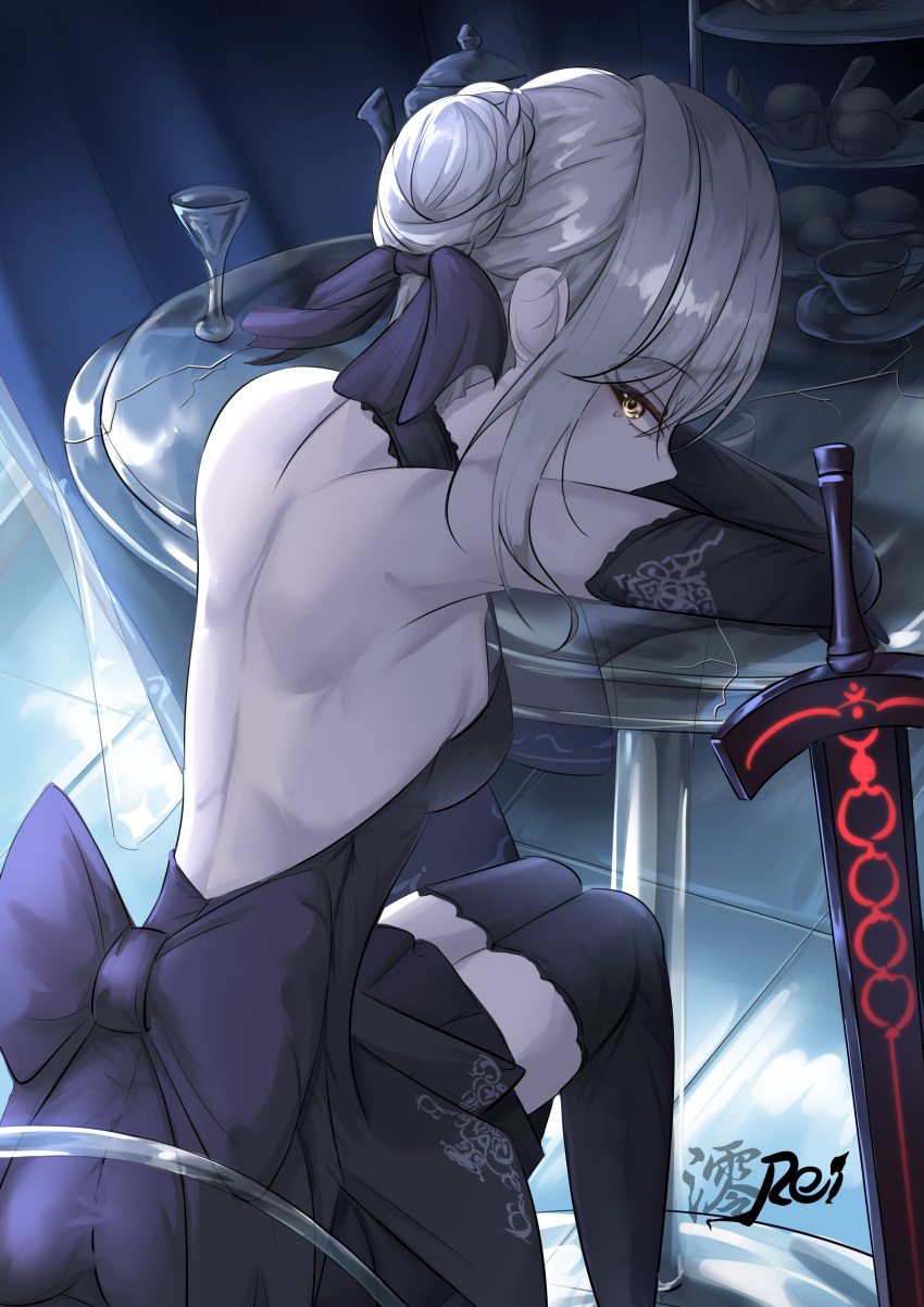 1girl absurdres artoria_pendragon_(fate) backless_dress backless_outfit black_dress black_gloves black_legwear black_ribbon braid braided_bun cup dress elbow_gloves excalibur_morgan_(fate) fate/grand_order fate/stay_night fate_(series) from_behind gloves hair_bun hair_ribbon head_rest highres looking_at_viewer looking_back on_chair rei000531 ribbon round_table saber_alter signature solo teardrop thigh-highs yellow_eyes