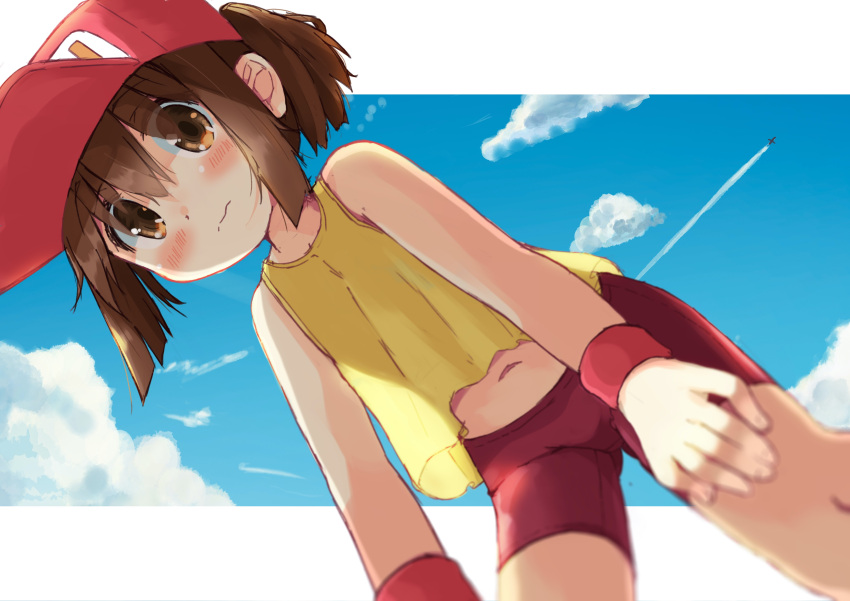 1girl absurdres bakusou_kyoudai_let's_&amp;_go!! baseball_cap bike_shorts blush brown_eyes brown_hair clouds hands_on_own_thighs hat highres leaning_forward manabe_mana midriff navel outdoors ponytail red_headwear red_shorts sagami_jun shirt short_hair shorts sky sleeveless sleeveless_shirt solo thighs wristband yellow_shirt