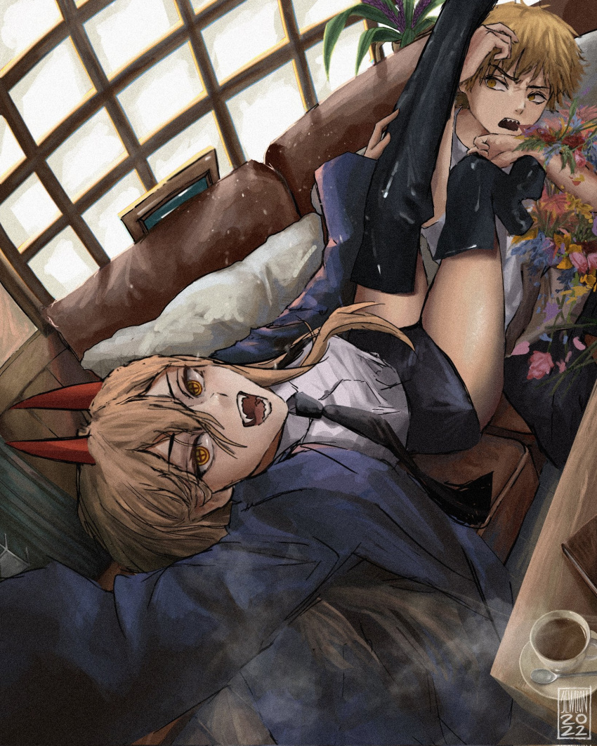 +_+ 1boy 1girl annoyed black_footwear black_skirt blonde_hair blue_coat book boots bouquet chainsaw_man coat coffee couch demon_girl demon_horns denji_(chainsaw_man) flower happy highres horns leaf looking_at_another looking_at_viewer necktie open_mouth power_(chainsaw_man) red_horns sharp_teeth skirt smoke solo_focus spoon table taorotana teeth thigh_gap thighs yellow_eyes