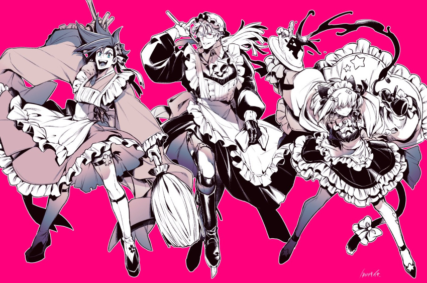 3boys animal_ears apron bell blue_eyes boot_knife bow broom cat_ears cat_tail commentary_request crossdressing full_body galo_thymos glasses gloves holding holding_broom kray_foresight lio_fotia long_sleeves looking_at_viewer maid maid_apron maid_headdress multiple_boys neck_bell one_eye_closed open_mouth pantyhose promare smile standing syringe tail tail_bow tail_ornament takatsuki_ichi teeth thigh_strap tongue watermark