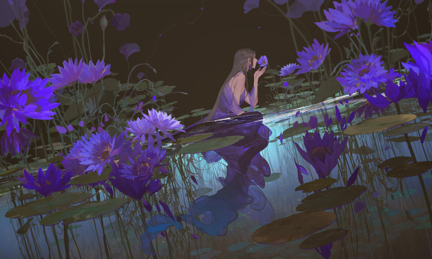 1girl bare_shoulders blue_dress dress earrings flower jewelry light_brown_hair long_hair original purple_flower scenery solo washanapple water