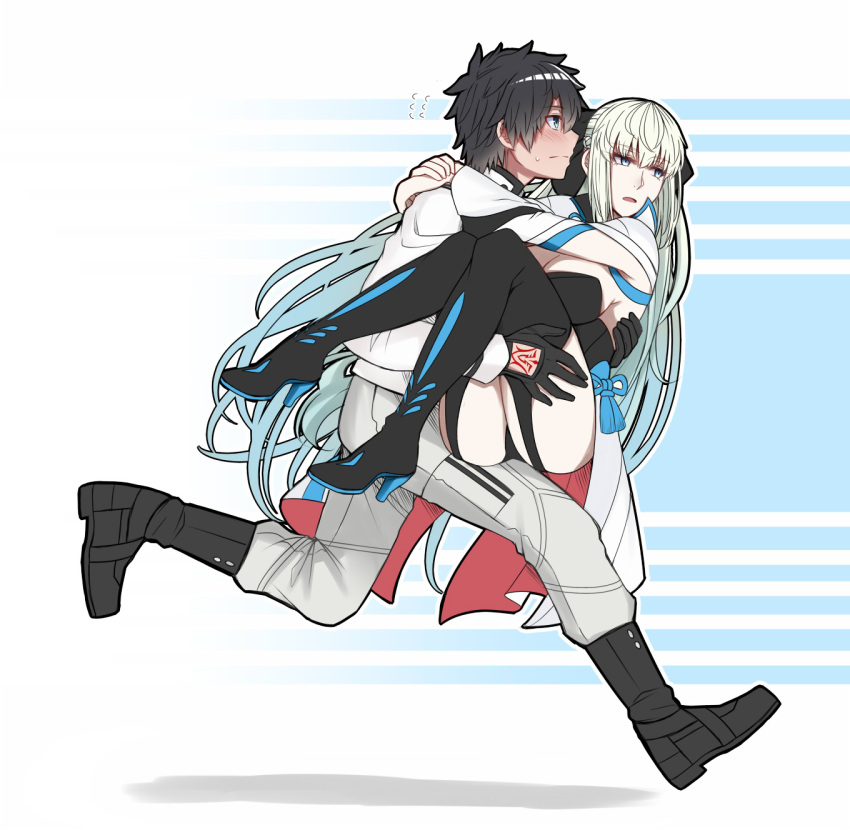 1boy 1girl ass black_footwear black_gloves black_hair blue_eyes blush boots carrying chaldea_uniform commentary_request fate/grand_order fate_(series) flying_sweatdrops fujimaru_ritsuka_(male) full_body gloves high_heel_boots high_heels highres hug jacket long_hair long_sleeves morgan_le_fay_(fate) open_clothes open_jacket pants princess_carry running sanmoto_gorouzaemon thigh-highs thigh_boots very_long_hair white_hair white_pants