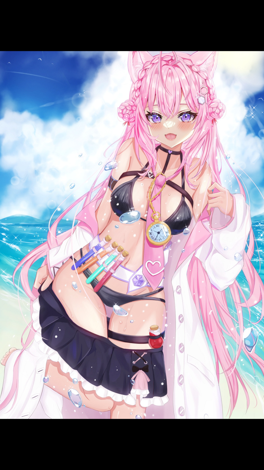 1girl absurdres animal_ears blush braid braided_bun breasts cotolet33 coyote_ears coyote_girl crown_braid hakui_koyori hexagon_hair_ornament highres hololive holox labcoat long_hair looking_at_viewer medium_breasts necktie open_mouth pink_hair pink_necktie skirt smile solo swimsuit test_tube virtual_youtuber water_drop