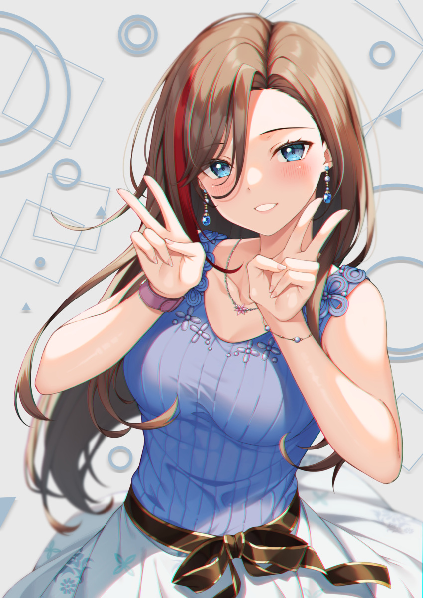 1girl blue_eyes bracelet brown_hair collarbone double_v earrings grin highres jewelry kurusu_natsume long_hair long_skirt multicolored_hair necklace nijisanji redhead ribbed_shirt sash shirt skirt smile solo streaked_hair v virtual_youtuber watch watch yuuri_nayuta