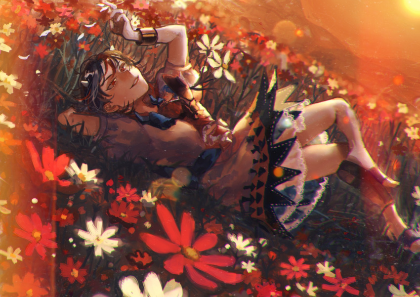 2girls black_bow black_hair blue_bow blue_hair bow bowl bowl_hat bowtie commentary_request field flower flower_field frilled_kimono frilled_skirt frills full_body hat highres holding holding_flower horns japanese_clothes kijin_seija kimono knees_up looking_at_another lying lying_on_person multicolored_hair multiple_girls on_back petals puffy_short_sleeves puffy_sleeves red_eyes red_kimono redhead sandals shirt short_hair short_sleeves sizuo_1997619 skirt smile streaked_hair sukuna_shinmyoumaru sunset touhou waist_bow white_shirt white_skirt wrist_cuffs