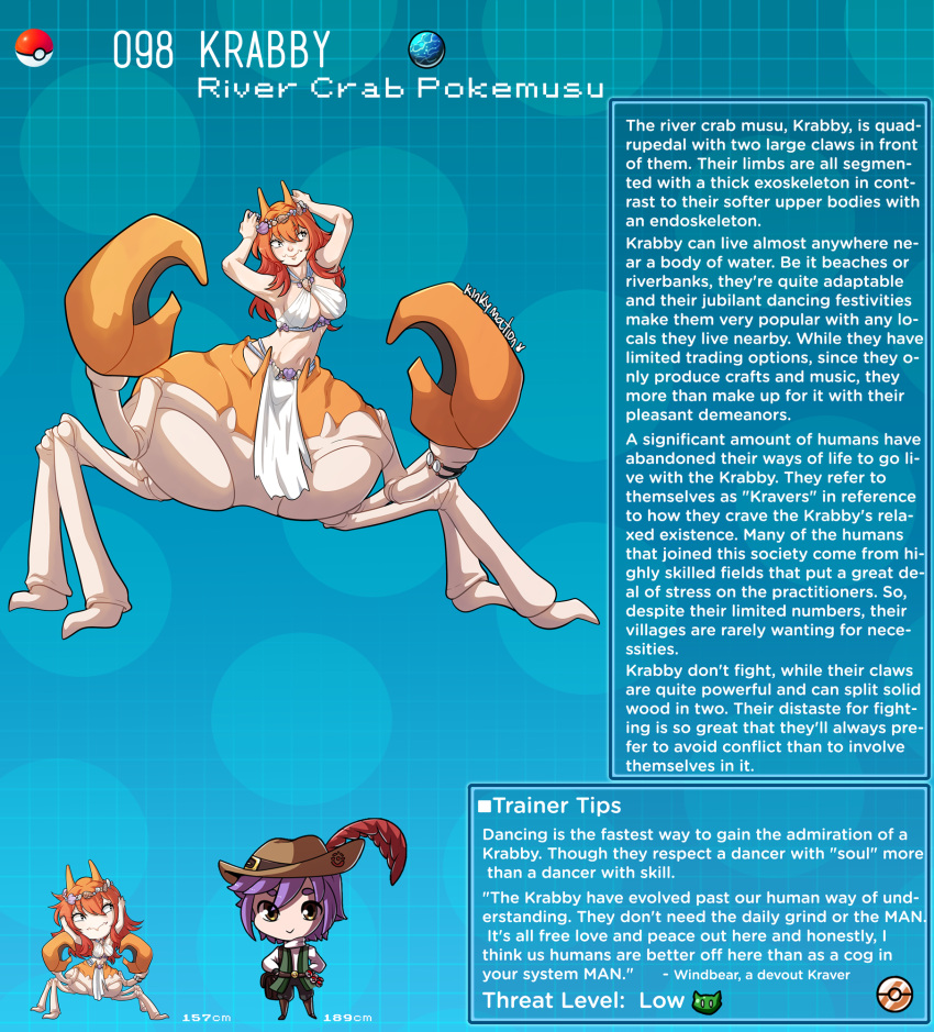 1boy 1girl arthropod_girl artist_name character_name character_profile character_sheet crab_claw crab_hair_ornament english_commentary english_text hat_feather highres kinkymation krabby monster_girl personification poke_ball poke_ball_(basic) pokemon purple_hair stats