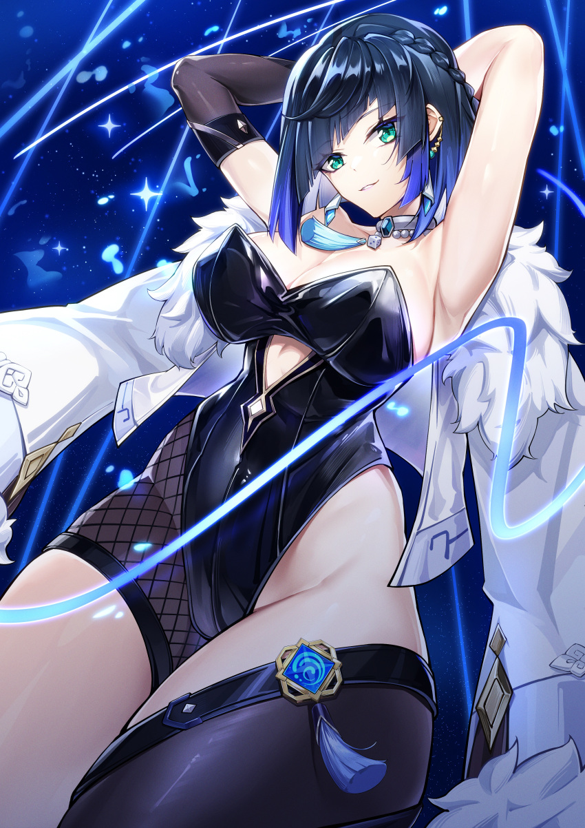 1girl absurdres armpits arms_behind_head arms_up bangs black_gloves black_legwear black_leotard blue_hair braid breasts clothing_cutout diagonal_bangs dice earrings elbow_gloves fishnets from_below fur-trimmed_jacket fur_trim genshin_impact gloves green_eyes highres jacket jacket_on_shoulders jewelry kurisu~tina large_breasts leotard looking_at_viewer multicolored_hair neck_tassel parted_lips short_hair simple_background single_elbow_glove smile stomach_cutout two-tone_hair vision_(genshin_impact) white_jacket yelan_(genshin_impact)
