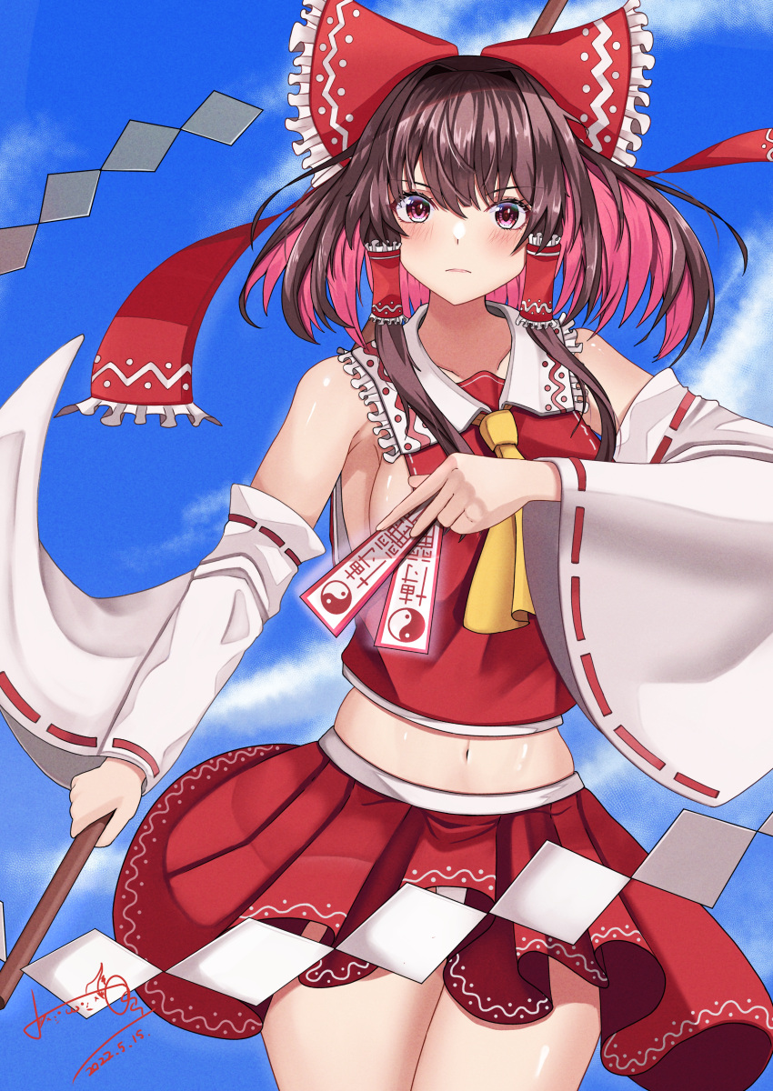 1girl absurdres ascot bangs bare_shoulders blue_sky blush bow breasts brown_hair clouds cowboy_shot crop_top day detached_sleeves eyebrows_visible_through_hair frilled_bow frilled_shirt_collar frills gohei hair_bow hair_tubes hakurei_reimu highres holding hossy looking_at_viewer midriff miniskirt navel ofuda outdoors petticoat red_bow red_shirt red_skirt ribbon-trimmed_sleeves ribbon_trim sarashi serious shirt sideboob sidelocks signature skirt sky solo thighs touhou wide_sleeves