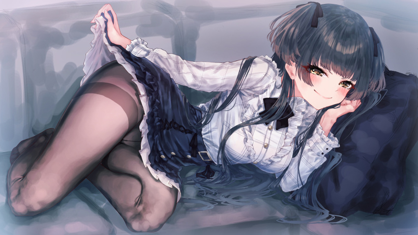 1girl bangs black_bow black_bowtie black_hair black_legwear black_skirt blunt_bangs blush bow bowtie clothes_lift couch cushion frilled_shirt frills hand_on_own_cheek hand_on_own_face highres idolmaster idolmaster_shiny_colors lifted_by_self looking_at_viewer lying mayuzumi_fuyuko on_side panties panties_under_pantyhose pantyhose petticoat shirt skirt skirt_hold skirt_lift smile solo thighband_pantyhose two_side_up underwear wakaba_(945599620)