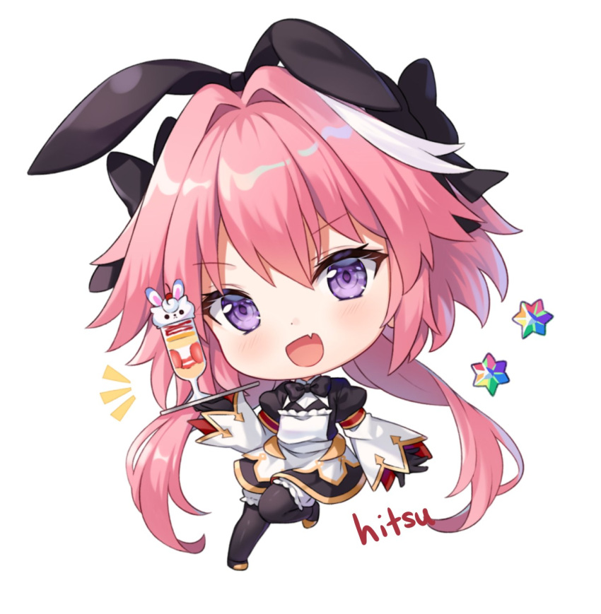 1boy :d astolfo_(fate) bad_id bad_twitter_id black_bow black_footwear bow dessert fang fate/apocrypha fate_(series) food highres hitsukuya long_hair maid male_focus neckerchief otoko_no_ko pink_hair smile star_(symbol) violet_eyes white_background