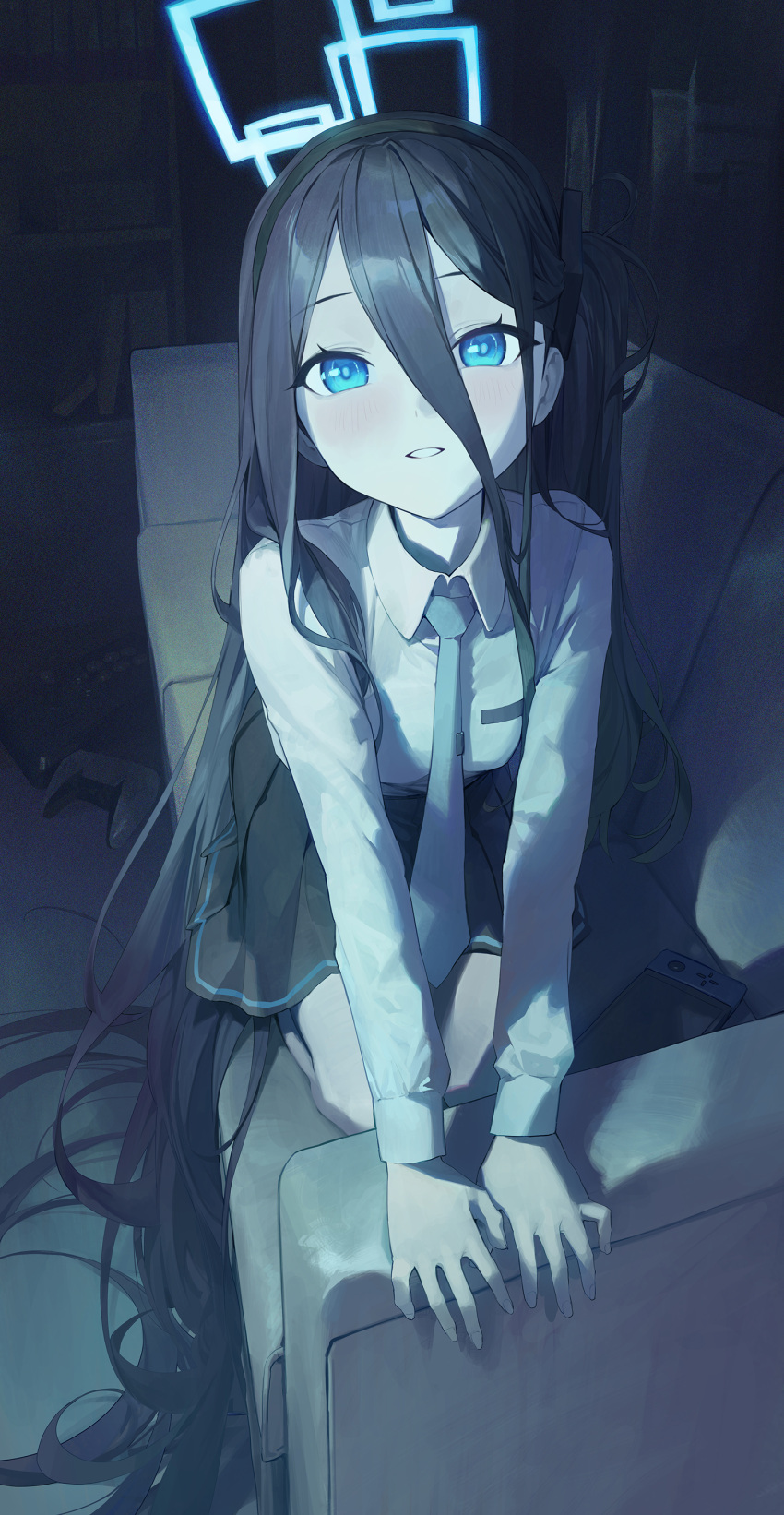 1girl absurdres arisu_(blue_archive) black_hair black_skirt blue_archive blue_eyes blush collared_shirt commentary_request couch full_body hair_between_eyes halo highres leaning_forward long_hair looking_at_viewer modare necktie nintendo_switch on_couch one_side_up parted_lips pleated_skirt seiza shirt sitting skirt solo thighs v_arms very_long_hair white_shirt