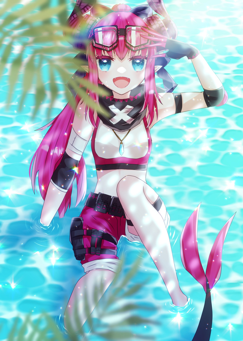 absurdres aqua_eyes bandana dragon_girl dragon_horns dragon_tail elbow_pads elizabeth_bathory_(fate) elizabeth_bathory_(fate)_(all) elizabeth_bathory_(fate/extra_ccc) elizabeth_bathory_(jurassic_dream)_(fate) fangs fate/grand_order fate_(series) gloves goggles goggles_on_head highres horns in_water jewelry necklace non-web_source pink_hair pointy_ears ponytail sharp_teeth shorts smile tail teeth