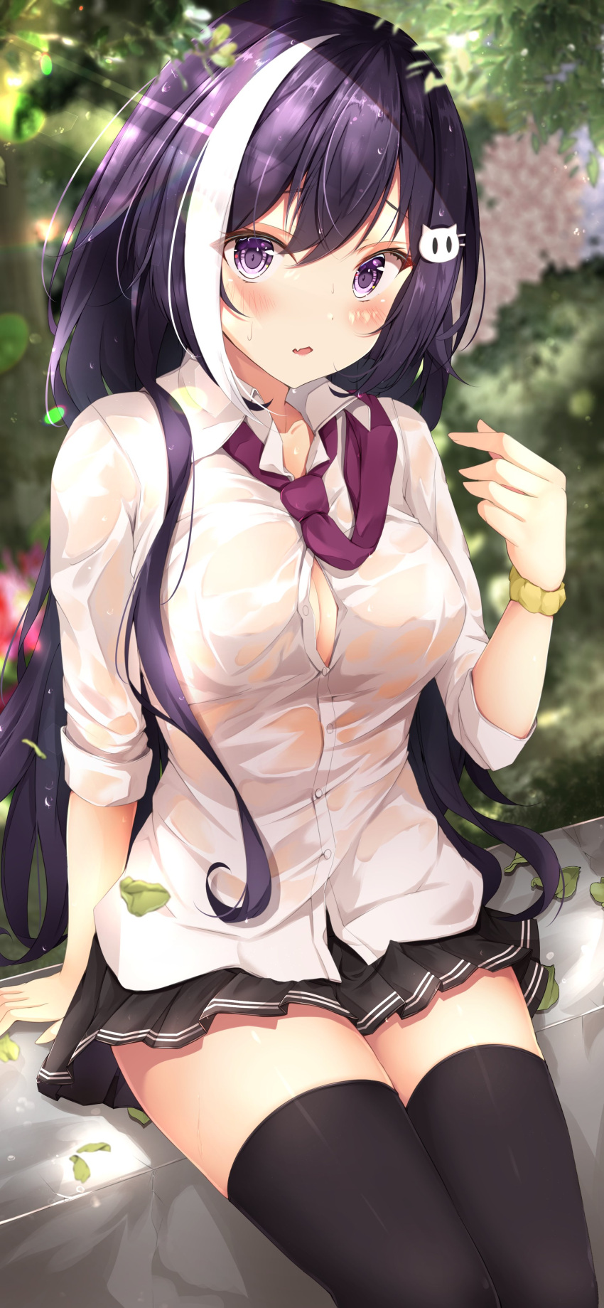 absurdres blush breasts highres karyl_(princess_connect!) large_breasts long_hair multicolored_hair open_mouth partially_unbuttoned princess_connect! purple_hair rumiko_(rmeco) shirt skirt thick_thighs thigh-highs thighs wet white_hair zettai_ryouiki