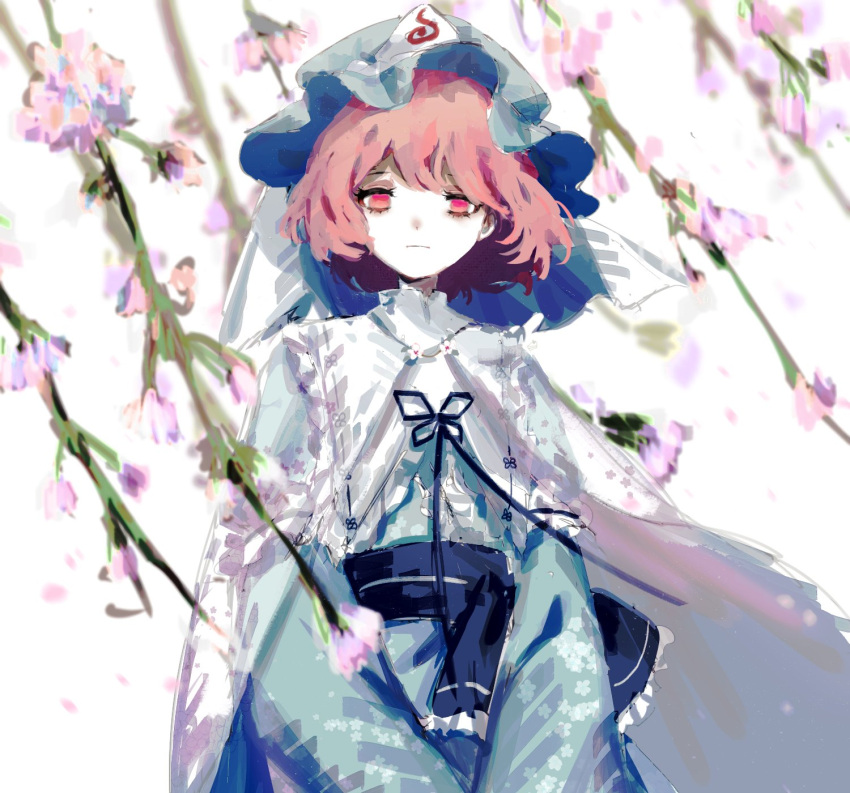 1girl bangs blue_bow blue_headwear blue_kimono blue_ribbon bow cake_mogo cherry_blossoms cloak commentary_request expressionless frilled_kimono frills hat highres japanese_clothes kimono korean_commentary long_sleeves looking_at_viewer mob_cap neck_ribbon pink_hair red_eyes ribbon saigyouji_yuyuko short_hair solo touhou triangular_headpiece upper_body waist_bow white_cloak wide_sleeves