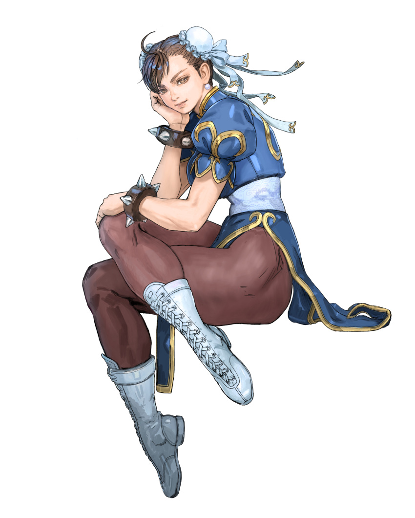 1girl ahoge bangs boots bracelet breasts brown_eyes brown_hair bun_cover china_dress chinese_clothes chun-li closed_mouth commentary_request cross-laced_footwear crossed_legs double_bun dress earrings from_side full_body gold_trim hand_on_own_cheek hand_on_own_face hand_up head_rest highres jewelry knee_boots lace-up_boots light_smile lips looking_at_viewer medium_breasts official_art pantyhose pelvic_curtain puffy_short_sleeves puffy_sleeves short_sleeves simple_background solo spiked_bracelet spikes street_fighter street_fighter_ii_(series) white_background white_footwear yasuda_akira