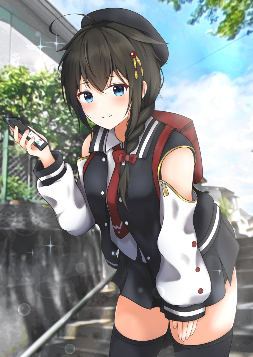 1girl abataa absurdres ahoge backpack bag black_hair black_legwear black_skirt blue_eyes blue_sky braid cellphone clouds commentary_request cowboy_shot day detached_sleeves hair_flaps hair_ornament hair_over_shoulder highres jacket kantai_collection leaning_forward letterman_jacket long_hair looking_at_viewer official_alternate_costume outdoors phone pleated_skirt shigure_(kancolle) single_braid skirt sky smartphone solo stairs thigh-highs
