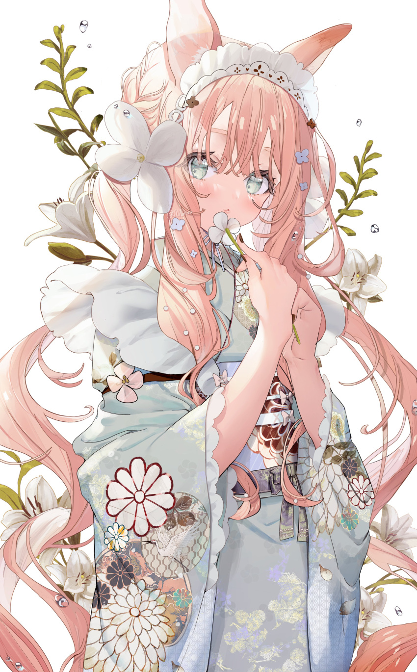 00nanona 1girl absurdres animal_ears bangs blue_flower blush floral_print flower green_eyes green_kimono hair_flower hair_ornament highres japanese_clothes kimono long_hair looking_at_viewer maid_headdress obi original pink_hair sash solo standing very_long_hair water_drop white_background white_flower