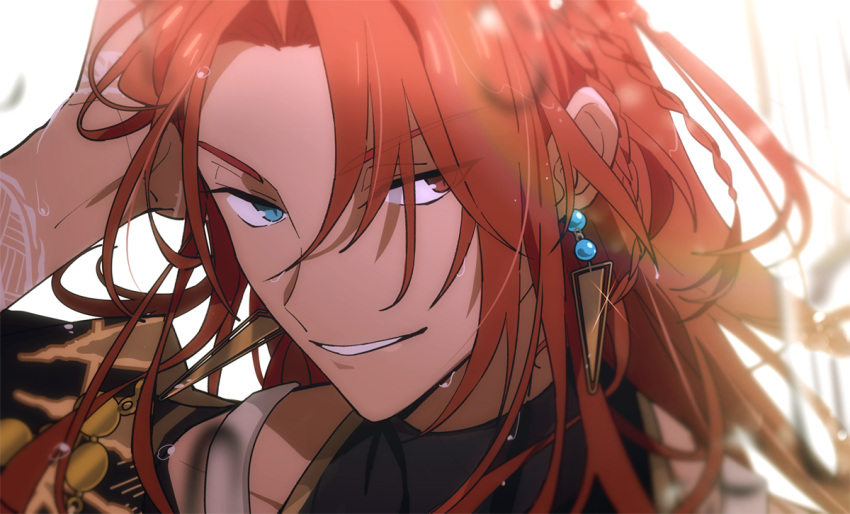 1boy aqua_eyes bodypaint braid dante_(nu_carnival) dark-skinned_male dark_skin earrings heterochromia jewelry long_hair looking_at_viewer male_focus nu_carnival red_eyes redhead smile wet zaqxcsdwe123