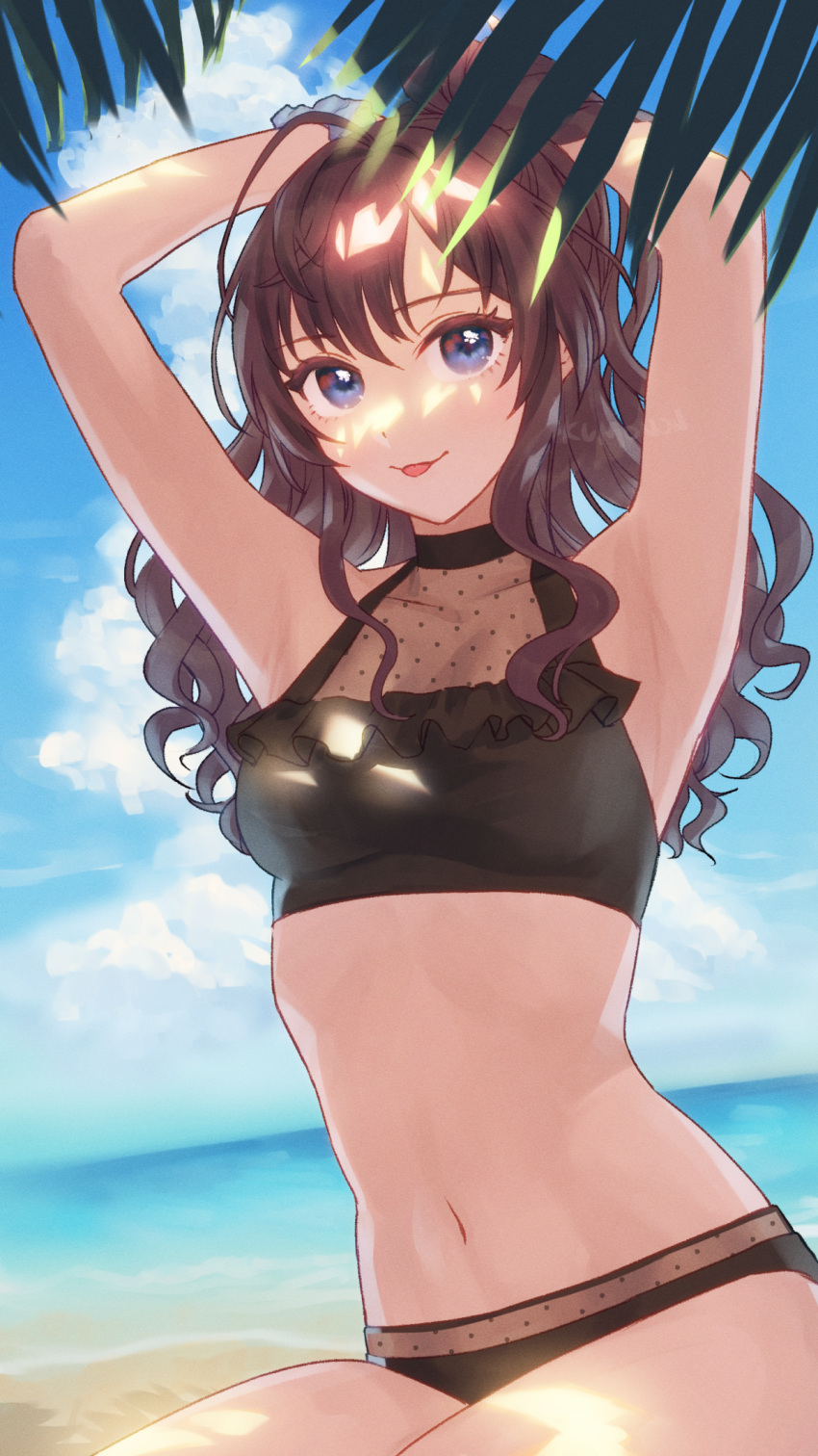 1girl :p ahoge alternate_hairstyle armpits arms_behind_head arms_up artist_name bangs bare_arms bare_shoulders beach bikini black_bikini blue_eyes blue_sky breasts brown_hair closed_mouth clouds collarbone commentary_request cowboy_shot dutch_angle eyebrows_visible_through_hair frilled_bikini frills grey_scrunchie hair_between_eyes highres horizon ichinose_shiki idolmaster idolmaster_cinderella_girls kumonon_(8f2k3) long_hair looking_at_viewer medium_breasts navel outdoors palm_leaf ponytail scrunchie see-through sidelocks sitting sky smile solo stomach sunlight swimsuit tongue tongue_out tying_hair wavy_hair