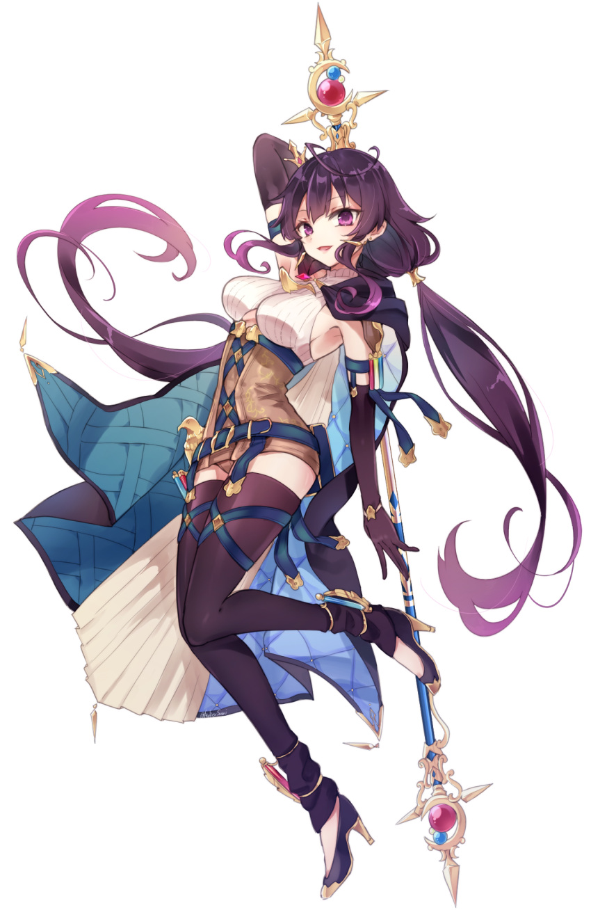 1girl armpits atelier_(series) atelier_sophie_2 bangs belt breasts bridal_gauntlets brown_hair cape full_body high_heels highres holding holding_polearm holding_weapon karasumi_(aiseec) large_breasts looking_at_viewer open_mouth polearm ramizel_erlenmeyer thigh-highs twintails violet_eyes weapon
