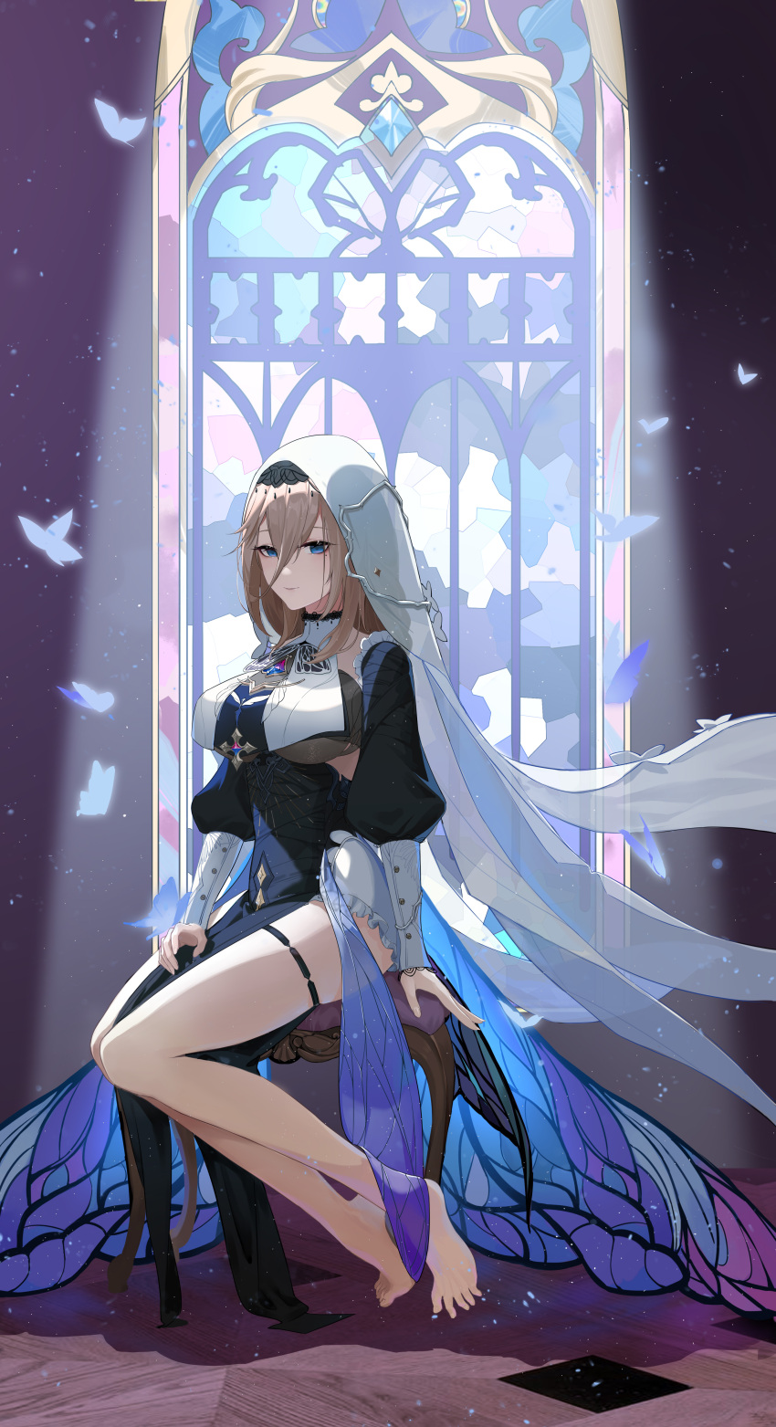 1girl absurdres aponia_(honkai_impact) bangs barefoot blue_butterfly blue_eyes breasts brown_eyes bug butterfly chair closed_mouth floor full_body highres honkai_(series) honkai_impact_3rd indoors long_hair long_sleeves looking_at_viewer mumu123 nun ponytail shadow sitting smile solo toes veil window