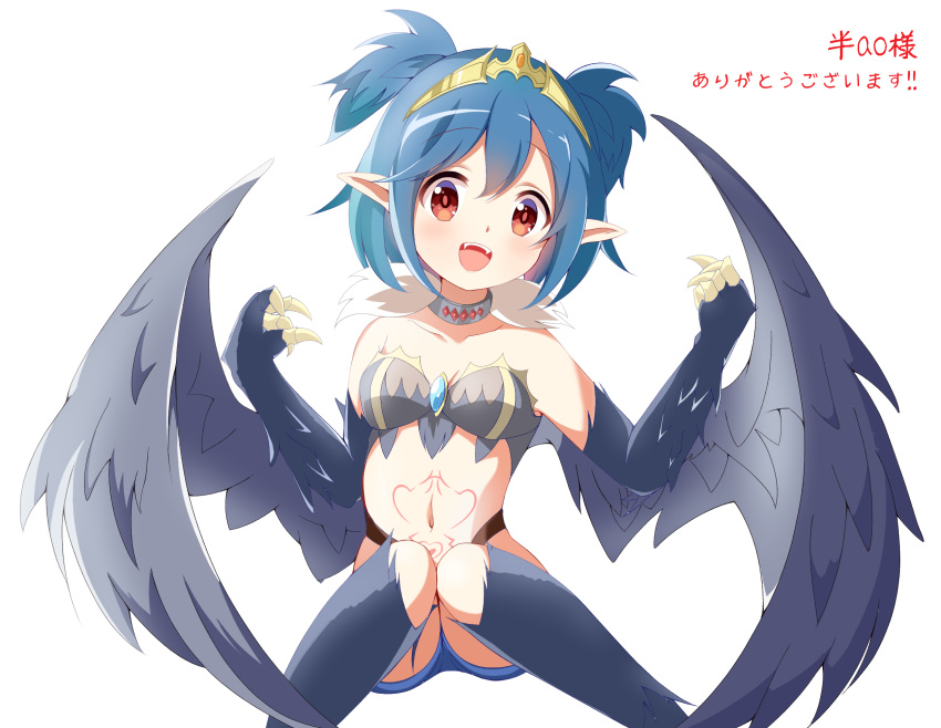 1girl bangs black_feathers black_wings blue_hair breasts claws commentary_request commission eyebrows_visible_through_hair harpy highres indie_virtual_youtuber lincoro monster_girl navel open_mouth pointy_ears red_eyes sakaki333 short_hair short_twintails simple_background skeb_commission solo stomach_tattoo tattoo tiara twintails virtual_youtuber white_background winged_arms wings