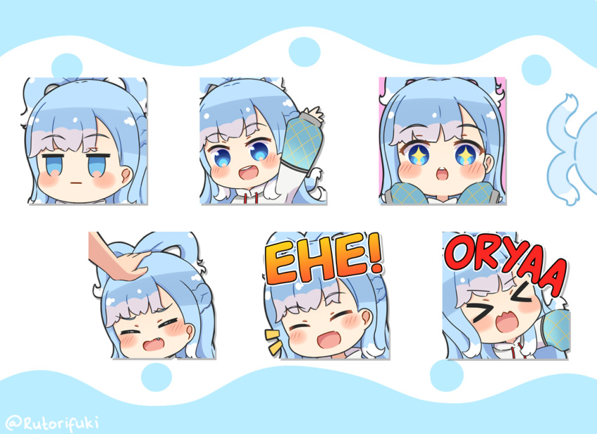 &gt;_&lt; +_+ 1girl 1other :d :o arm_up blue_background blue_eyes blue_hair blush_stickers chibi closed_eyes closed_mouth commentary drawstring empty_eyes english_commentary fang headpat hololive hood hood_down hoodie jitome kobo_kanaeru long_sleeves multiple_views notice_lines puffy_long_sleeves puffy_sleeves romaji_text rutorifuki sleeves_past_fingers sleeves_past_wrists smile teeth twitter_username two-tone_background upper_teeth virtual_youtuber wavy_mouth white_background white_hoodie