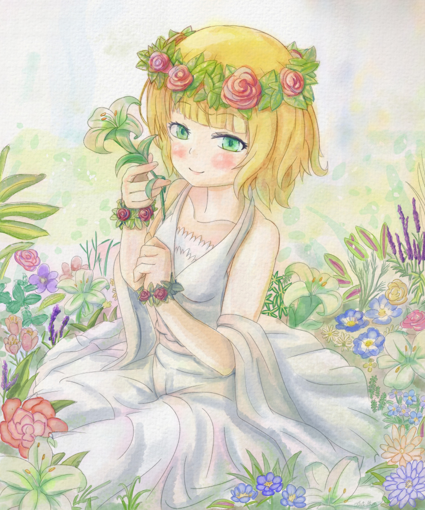 1girl absurdres blonde_hair dress fantasy flatculture flower from_above garden gochuumon_wa_usagi_desu_ka? green_eyes head_wreath highres holding holding_flower kirima_syaro leaf lily_(flower) loli looking_at_viewer on_floor painting_(medium) sitting sundress traditional_media watercolor_(medium)