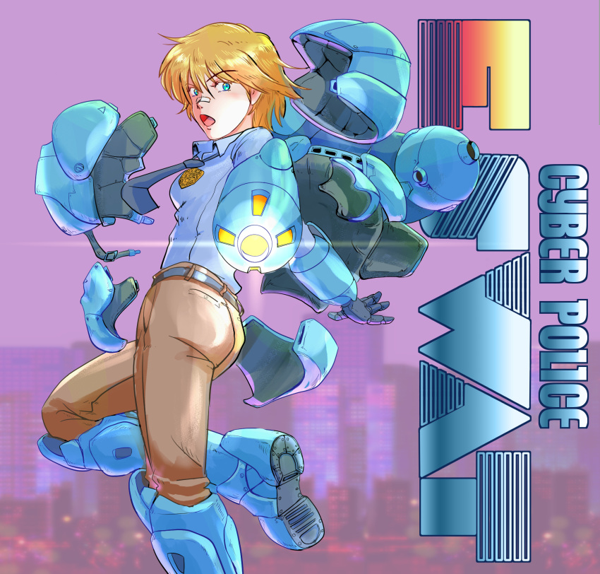 1girl aiming arm_cannon badge bandaid bb9_megadrive blonde_hair blue_eyes blurry blurry_background boots city cityscape commentary_request cover cyber_police_eswat duke_oda fake_cover firing game_console genderswap gun headwear_removed helmet helmet_removed highres jetpack looking_back machine_gun mecha muzzle_flash open_mouth police police_uniform policewoman power_armor science_fiction sega sega_mega_drive thrusters undressing uniform video_game_cover weapon