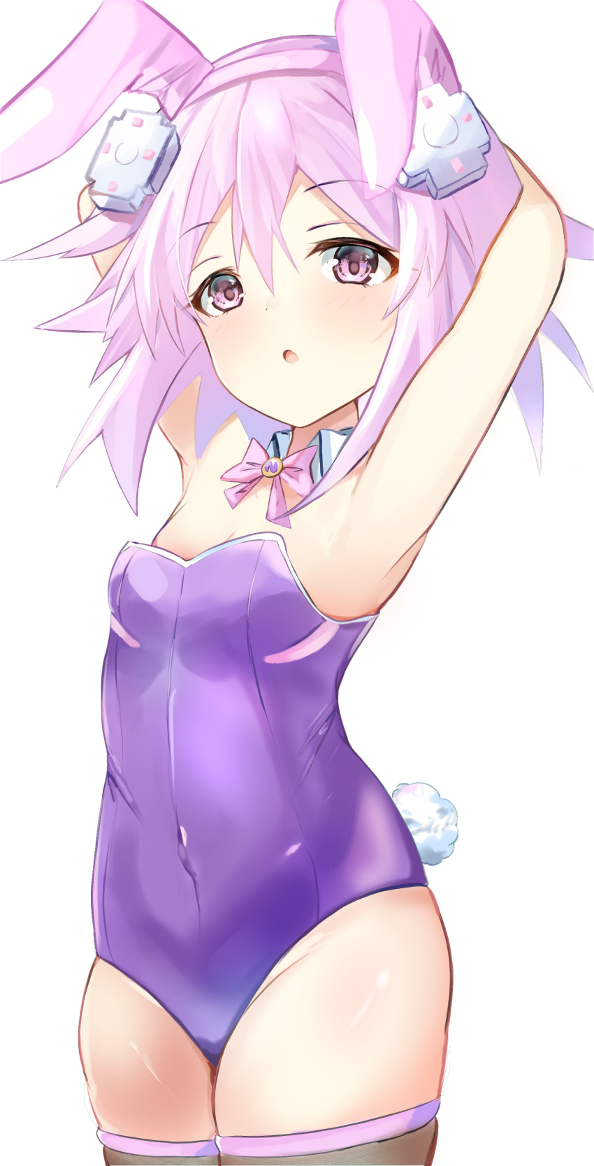 1girl absurdres animal_ears arms_behind_head bare_shoulders bimmy blush collar d-pad d-pad_hair_ornament eyebrows_visible_through_hair fake_animal_ears hair_between_eyes hair_ornament highres leotard looking_at_viewer neptune_(neptune_series) neptune_(series) playboy_bunny purple_hair purple_leotard rabbit_ears short_hair simple_background solo violet_eyes white_background wrist_cuffs