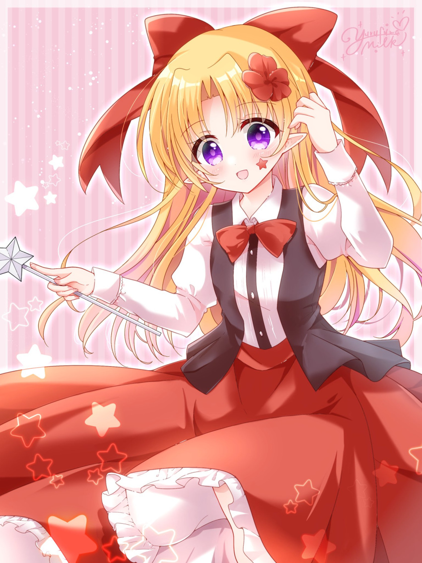1girl bangs black_vest blonde_hair bow bowtie collared_shirt commentary_request elis_(touhou) facial_mark flower frilled_skirt frills hair_bow hair_flower hair_ornament highres holding holding_wand long_hair long_skirt long_sleeves no_wings open_clothes open_mouth open_vest parted_bangs pointy_ears red_bow red_bowtie red_eyes red_skirt shirt simple_background skirt solo star_(symbol) star_wand striped striped_background touhou touhou_(pc-98) vampire very_long_hair vest violet_eyes wand white_shirt yurufuwa_milk