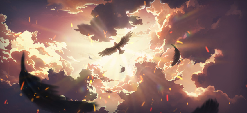 bird chinese_commentary clouds cloudy_sky commentary_request day feathers highres masterwork_apocalypse no_humans official_art outdoors pawnluoluo sky sunlight