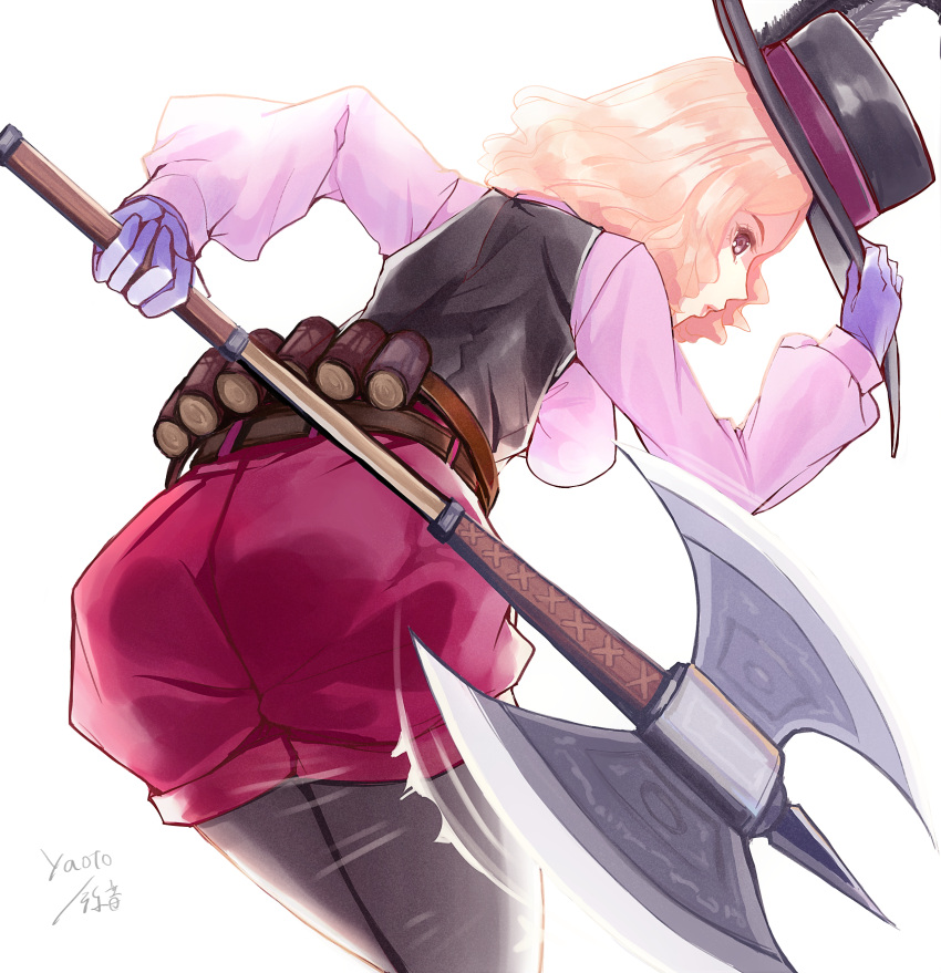 1girl absurdres axe black_headwear black_vest brown_eyes gloves grey_feathers grey_legwear hat hat_feather hat_ribbon highres holding holding_axe holding_clothes holding_hat legwear_under_shorts light_brown_hair long_sleeves medium_hair okumura_haru persona persona_5 pink_shirt purple_gloves purple_ribbon red_shorts ribbon shirt short_shorts shorts signature simple_background solo vest white_background yaoto