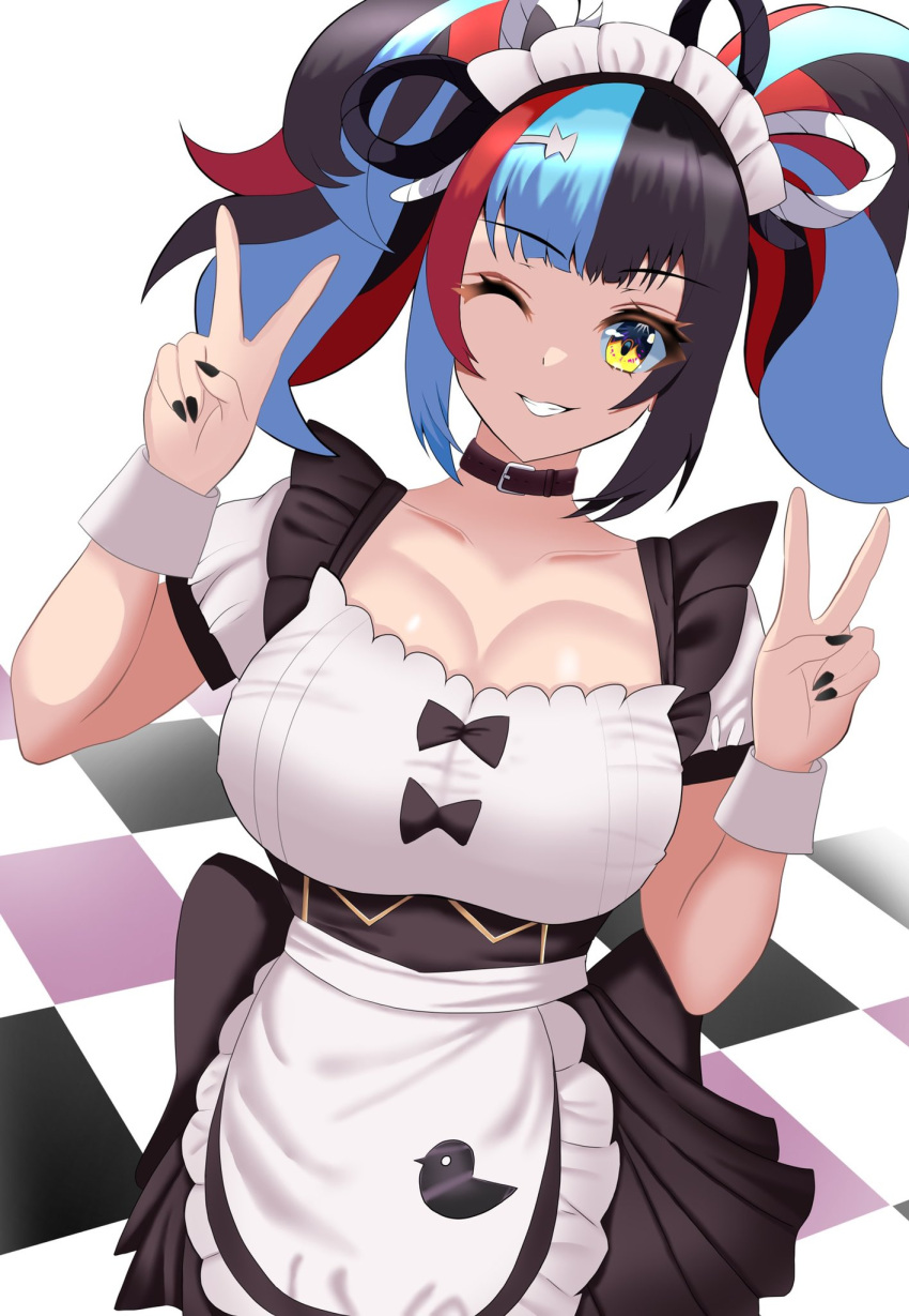 1girl alternate_costume apron black_nails breasts checkered_floor collar double_v enmaided fate/grand_order fate_(series) grin highres large_breasts maid maid_apron maid_day maid_headdress multicolored_hair one_eye_closed puti_tomato19 sei_shounagon_(fate) smile twintails v wrist_cuffs yellow_eyes