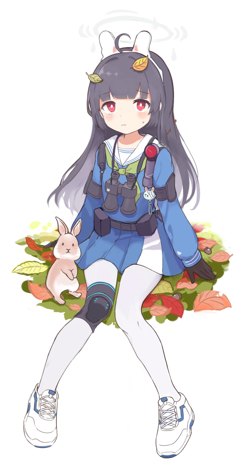 1girl absurdres ahoge bangs black_hair blue_archive blue_shirt blue_skirt blunt_bangs eyebrows_visible_through_hair full_body green_neckerchief halo headgear highres knee_pads leaf leaf_on_head long_hair long_sleeves looking_at_viewer miyu_(blue_archive) neckerchief onigiri_noe pantyhose pleated_skirt rabbit red_eyes sailor_collar school_uniform serafuku shirt shoes single_knee_pad sitting skirt solo very_long_hair weapon white_legwear white_sailor_collar