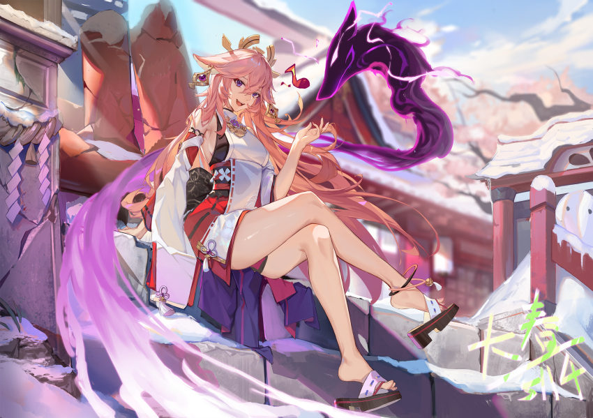 1girl architecture arm_support bangs bare_legs blurry blurry_background breasts chinese_commentary commentary_request crossed_legs dated depth_of_field detached_sleeves east_asian_architecture feet floppy_ears full_body genshin_impact hair_ornament hand_up highres japanese_clothes legs long_hair looking_at_viewer medium_breasts moyuc nail_polish nontraditional_miko open_mouth outdoors pink_hair pink_nails sandals shoe_dangle shrine sideboob signature sitting snow solo teeth thighs toenail_polish toenails toes upper_teeth very_long_hair violet_eyes wide_sleeves yae_miko yae_miko_(fox)