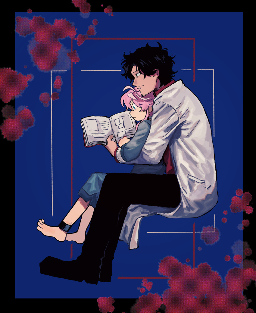 2boys amayado_rei amemura_ramuda barefoot black_hair black_pants blue_background blue_eyes facial_hair full_body highres hospital_gown hypnosis_mic labcoat male_focus multiple_boys ox79xo pants pink_hair reading red_shirt shirt sitting sitting_on_lap sitting_on_person