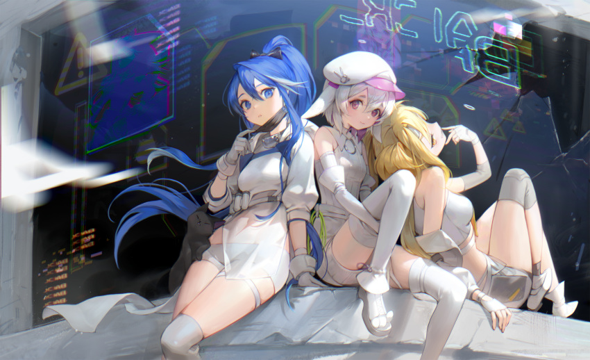 3girls animal_ears bangs black_cat blonde_hair blue_hair cat closed_mouth crop_top fingerless_gloves gloves grey_footwear hair_between_eyes hansum hat high_ponytail highres knee_pads knees_up long_hair long_sleeves looking_at_viewer lying mask mask_pull mouth_mask multiple_girls on_back original parted_lips pink_eyes ponytail puffy_long_sleeves puffy_sleeves see-through shirt shoes shorts sign sitting smile thigh-highs very_long_hair warning_sign white_footwear white_gloves white_hair white_headwear white_legwear white_shirt white_shorts yellow_eyes