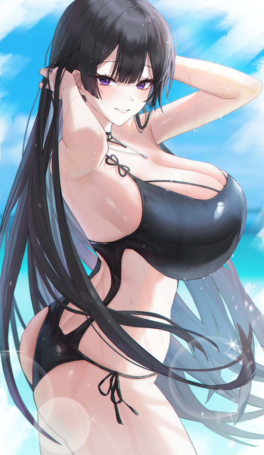 1girl absurdres armpits arms_up ass bangs black_hair black_swimsuit blush breasts commentary commission english_commentary from_side highres huge_breasts jewelry looking_at_viewer looking_to_the_side merumeko necklace one-piece_swimsuit original outdoors parted_lips smile swimsuit violet_eyes