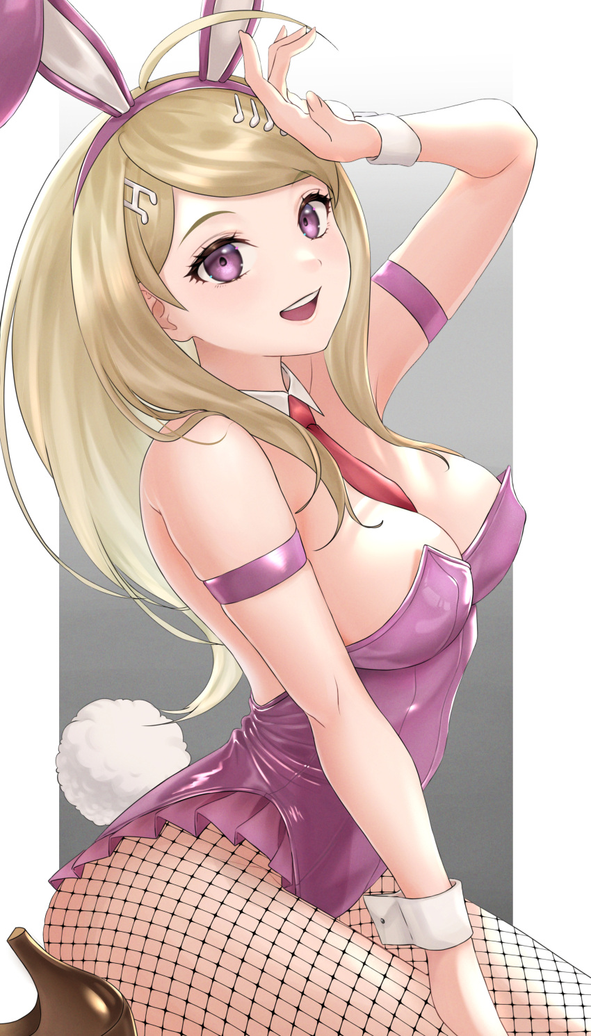 1girl :d absurdres ahoge akamatsu_kaede animal_ears arm_up armlet bangs bare_shoulders blonde_hair danganronpa_(series) danganronpa_v3:_killing_harmony dbals0807 detached_collar fake_animal_ears fake_tail fishnet_legwear fishnets gradient gradient_background grey_background hair_ornament hairband high_heels highres leotard long_hair musical_note_hair_ornament official_alternate_costume pantyhose pink_eyes pink_leotard playboy_bunny rabbit_ears rabbit_tail skindentation smile solo tail teeth upper_teeth white_background wrist_cuffs