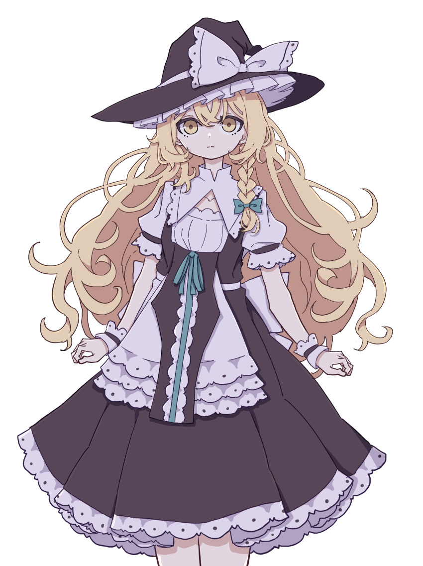 1girl absurdres blonde_hair bow braid dress frills hat hat_bow highres kame_(kamepan44231) kirisame_marisa long_hair looking_at_viewer puffy_short_sleeves puffy_sleeves short_sleeves side_braid single_braid solo touhou very_long_hair wavy_hair white_bow witch_hat wrist_cuffs yellow_eyes