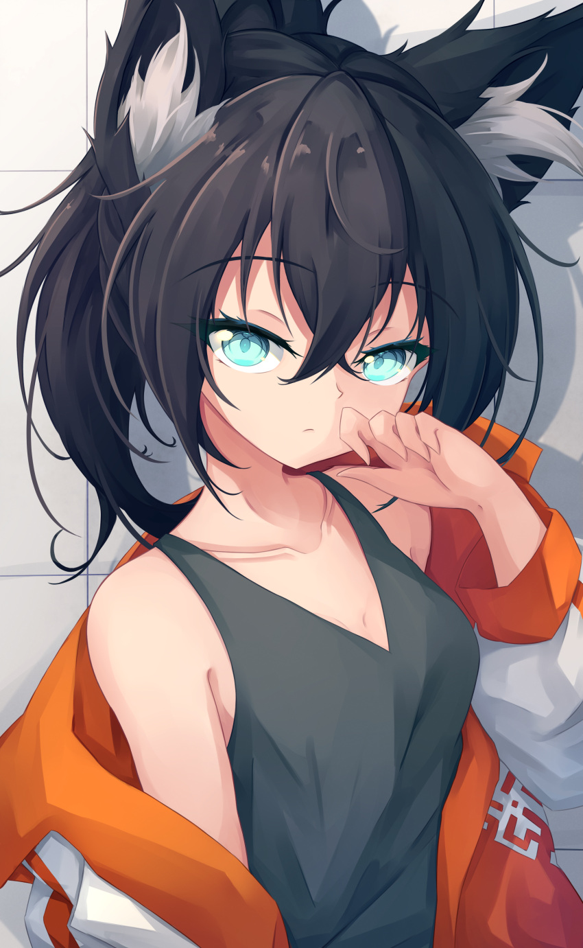 1girl absurdres animal_ear_fluff animal_ears aqua_eyes bangs black_hair black_tank_top breasts collarbone eyebrows_visible_through_hair eyes_visible_through_hair hair_between_eyes hand_up high_ponytail highres long_hair long_sleeves looking_at_viewer off_shoulder original shadow sleeveless small_breasts solo tank_top trimbil upper_body