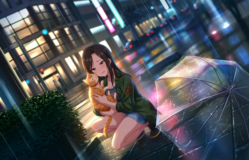 1girl animal_hug black_hair cat cheek-to-cheek denim denim_shorts dutch_angle full_body green_jacket heads_together idolmaster idolmaster_cinderella_girls idolmaster_cinderella_girls_starlight_stage jacket looking_at_viewer mukai_takumi official_art rain shorts solo squatting straight_hair teardrop tears transparent transparent_umbrella umbrella water_drop wet wet_clothes wet_hair