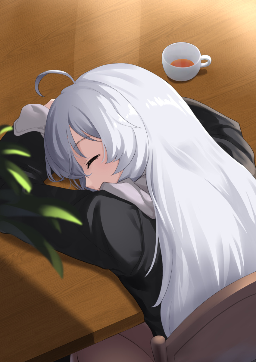 1girl absurdres ahoge bangs black_jacket closed_eyes cup elaina_(majo_no_tabitabi) eyebrows_visible_through_hair from_above from_behind highres jacket long_hair long_sleeves lying majo_no_tabitabi sleeping solo straight_hair table teacup upper_body very_long_hair white_hair white_ph