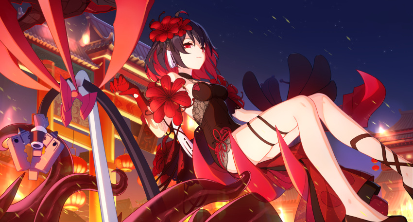 3girls bangs black_hair china_dress chinese_clothes claws closed_mouth dress floating flower game_cg hair_flower hair_ornament highres holding honkai_(series) honkai_impact_3rd liliya_olenyeva medium_hair multiple_girls night night_sky official_art outdoors red_dress red_eyes red_flower redhead rozaliya_olenyeva seele_(alter_ego) seele_vollerei seele_vollerei_(stygian_nymph) sky solo_focus tail