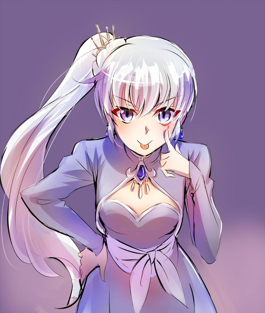 1girl :p akanbe bangs blue_dress blue_eyes brooch commentary dress earrings eyebrows_visible_through_hair finger_to_eye hair_ornament hand_on_hip highres iesupa jewelry long_hair ponytail rwby sash scar scar_across_eye side_ponytail solo tiara tongue tongue_out v-shaped_eyebrows weiss_schnee white_hair