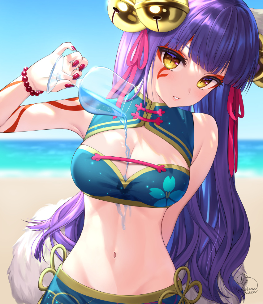 1girl absurdres arm_behind_back artist_name bangs beach bead_bracelet beads bell blurry blurry_background bracelet cup daji_(monster_strike) day eyeshadow facial_mark hair_bell hair_ornament hair_ribbon hand_up highres holding holding_cup jewelry kohanayuki long_hair looking_at_viewer makeup monster_strike nail_polish navel parted_lips pink_ribbon pouring pouring_onto_self purple_hair red_nails ribbon signature solo upper_body yellow_eyes